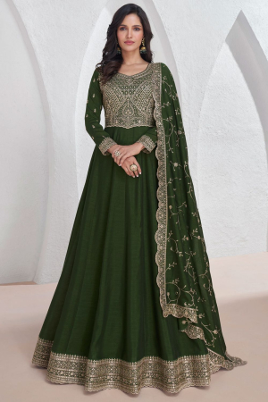 Olive Green Embroidered Silk Anarkali Gown with Dupatta for Ceremonial
