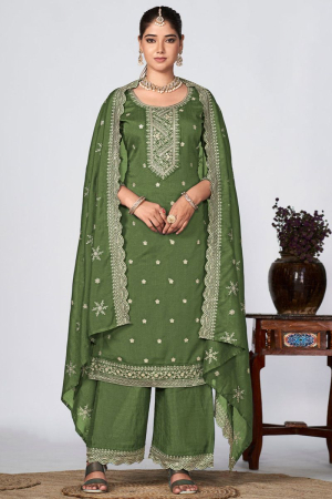 Olive Green Embroidered Silk Palazzo Kameez