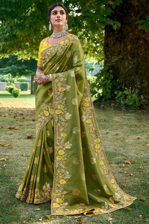 Olive Green Gadhwal Silk Designer Saree