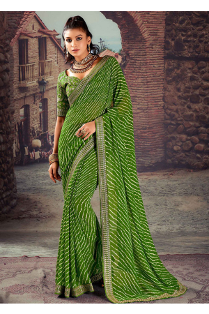 Olive Green Georgette Party Wear Saree