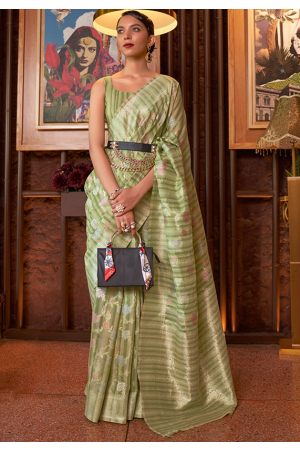 Olive Green Handloom Weaving Linen Saree