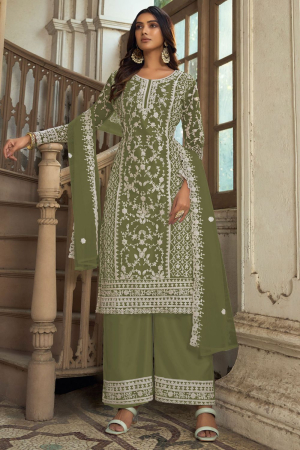 Olive Green Heavy Butterfly Net Palazzo Suit