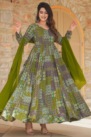 Olive Green Heavy Digital Printed Gown with Dupatta