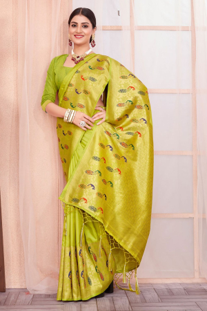 Olive Green Paithani Silk Woven Saree