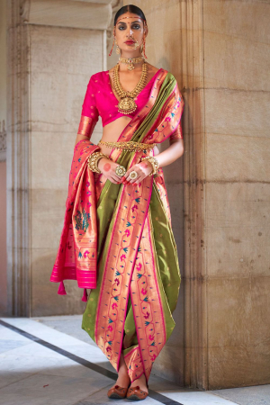 Olive Green Paithani Weaving Silk Saree for Wedding