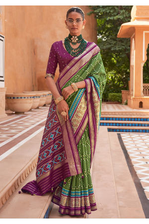 Olive Green Patola Silk Saree with Embellished Blouse