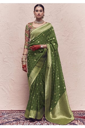 Olive Green Pure Crepe Dola Silk Saree