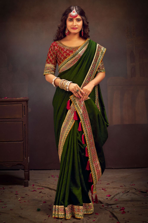 Olive Green Silk Saree with Embroidered Blouse