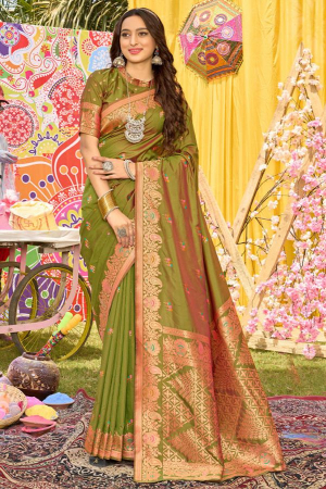 Olive Green Zari Woven Silk Saree for Wedding