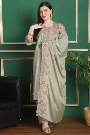 Olive Grey Embroidered Chinnon Chiffon Pant Kameez