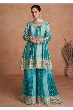 Ombre Azure Blue Embroidered Chinnon Palazzo Kameez