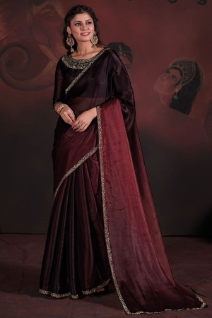 Ombre Brown Embellished Pure Satin Georgette Saree
