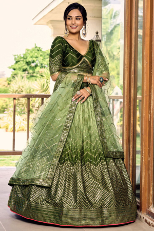 Ombre Green Sequins Embroidered Chinnon Lehenga Choli