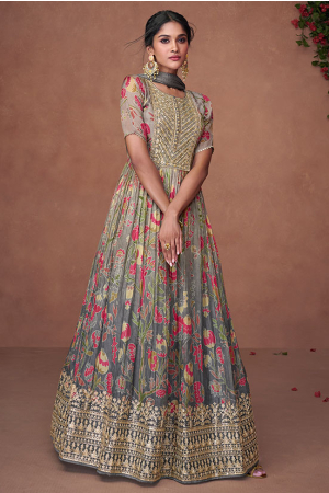 Ombre Grey Embroidered Organza Silk Anarkali Suit