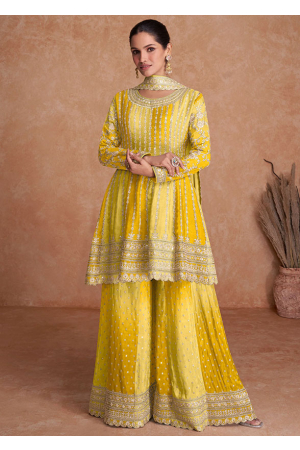 Ombre Lemon Yellow Embroidered Chinnon Palazzo Kameez