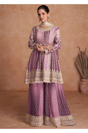 Ombre Lilac Embroidered Chinnon Palazzo Kameez
