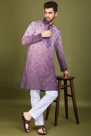 Ombre Lilac Pink Embroidered Viscose Silk Kurta