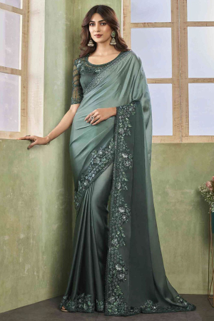 Ombre Moss Grey Silk Saree with Embroidered Blouse