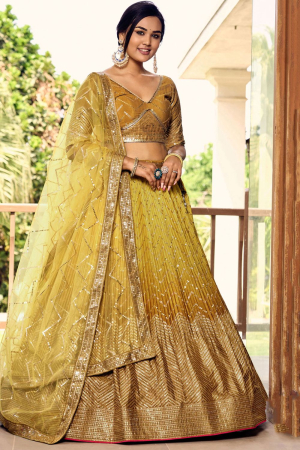 Ombre Mustard Sequins Embroidered Chinnon Lehenga Choli