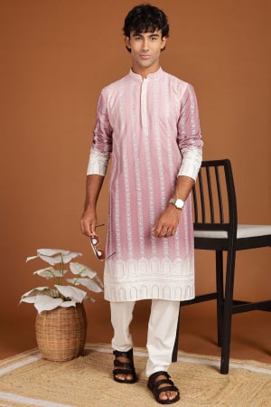 Ombre Pink Sequins Embroidered Rayon Silk Kurta Set