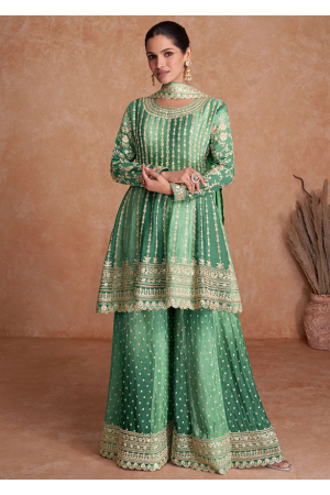 Ombre Sea Green Embroidered Chinnon Palazzo Kameez