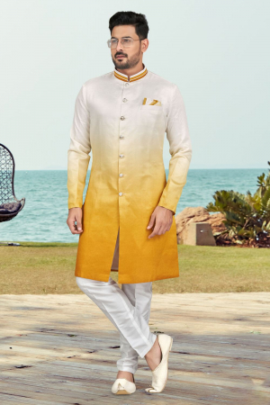 Ombre Yellow and White Silk Men Indo Western