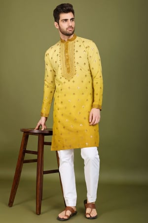 Ombre Yellow Embroidered Viscose Silk Kurta