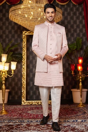Onion Pink Art Silk 3 Piece Indo Western Outfit for Wedding