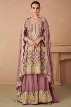 Onion Pink Embroidered Chinnon Designer Palazzo Kameez