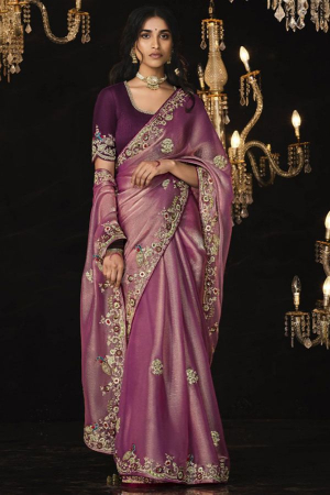 Onion Pink Embroidered Designer Saree for Ceremonial