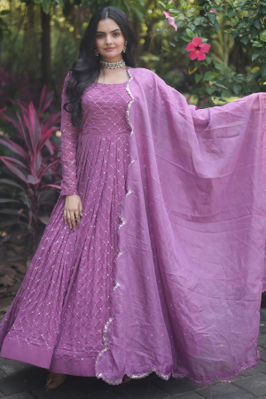 Onion Pink Embroidered Faux Georgette Gown with Dupatta