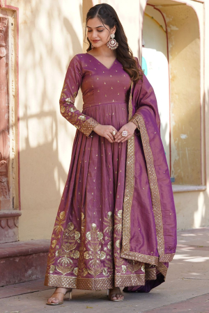 Onion Pink Embroidered Viscose Gown with Dupatta