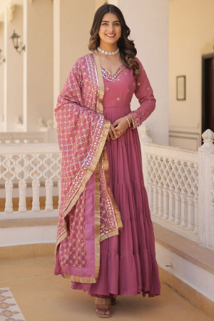 Onion Pink Flared Faux Georgette Anarkali Gown with Dupatta