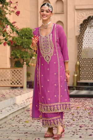 Onion Pink Heavy Embroidered Designer Palazzo Suit