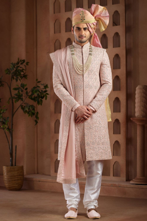 Onion Pink Heavy Wedding Wear Sherwani