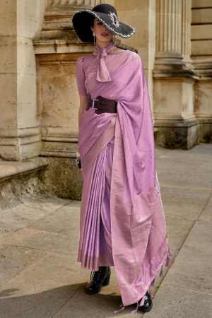 Onion Pink Pure Satin Handloom Weaving Silk Saree