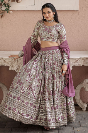 Onion Pink Sequins Embroidered Faux Georgette Lehenga Choli