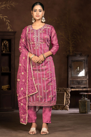 Onion Pink Woven Hand Work Readymade Suit