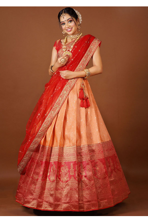 Orange and Red Banarasi Silk Zari Woven Lehenga Choli Set