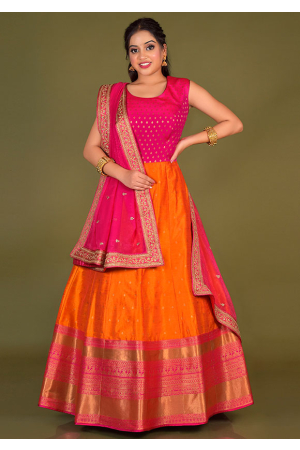 Orange Art Silk Gown with Dupatta