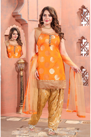Orange Art Silk Patiala Kameez Suit