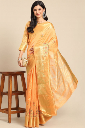 Orange Assam Cotton Silk with Golden Border And Multicolor Thread Embroidered Work Party Wear Saree
