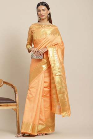 Orange Assam Silk with Golden Broad Border Party Wear Saree