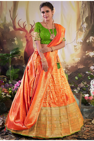 Orange Banarasi Silk Lehenga Choli Set