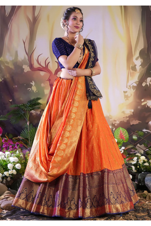 Orange Banarasi Silk Lehenga Choli Set