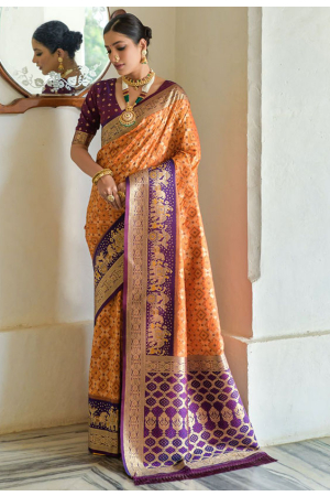 Orange Banarasi Silk Woven Saree