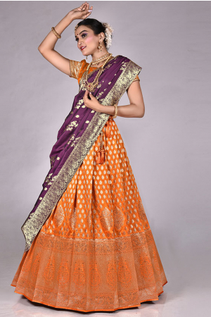 Orange Banarasi Silk Zari Work Lehenga Choli Set