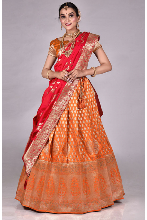 Orange Banarasi Silk Zari Work Lehenga Choli Set