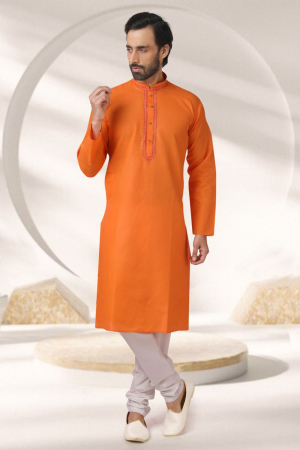 Orange Cotton Rayon Festival Wear Kurta Set