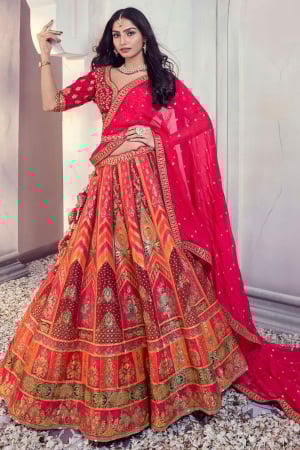 Orange Dola Silk Lehenga Choli for Wedding